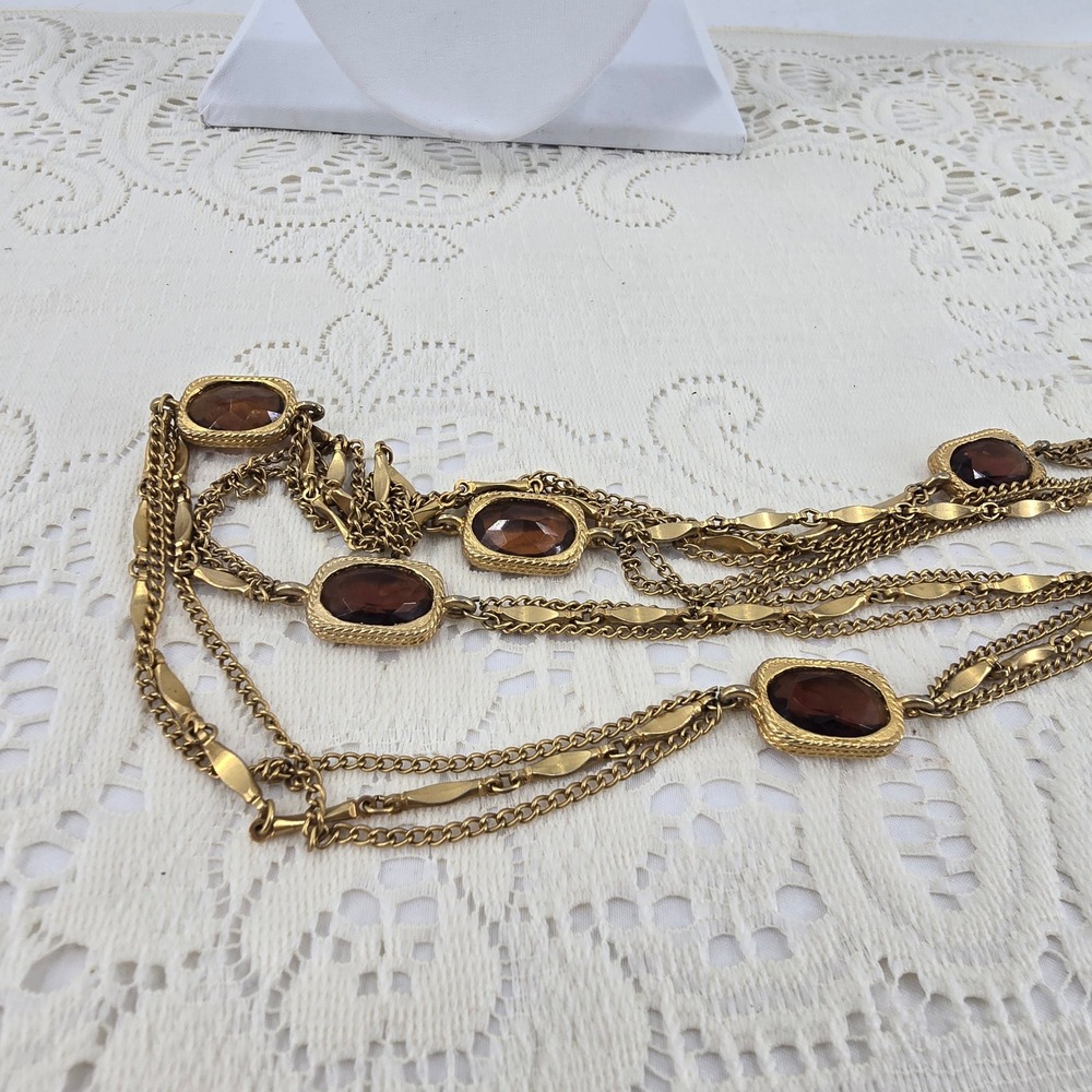 Sarah Coventry Vintage Necklace Gold Tone Multi Strand Amber Glass Stone